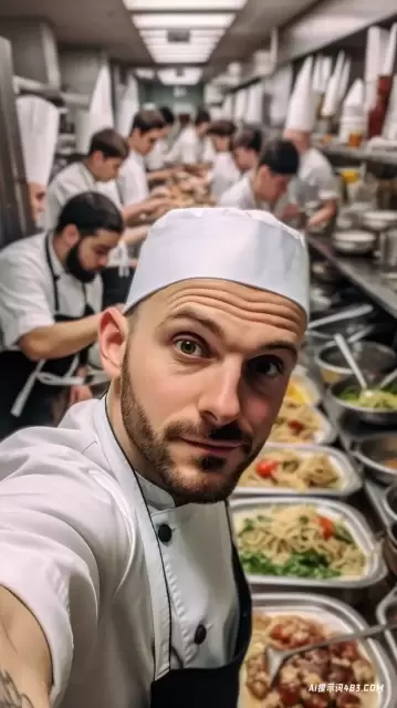 在iPhone 12 Pro Max上拍摄的自拍照: 厨师在繁忙的餐厅厨房中的表现时刻