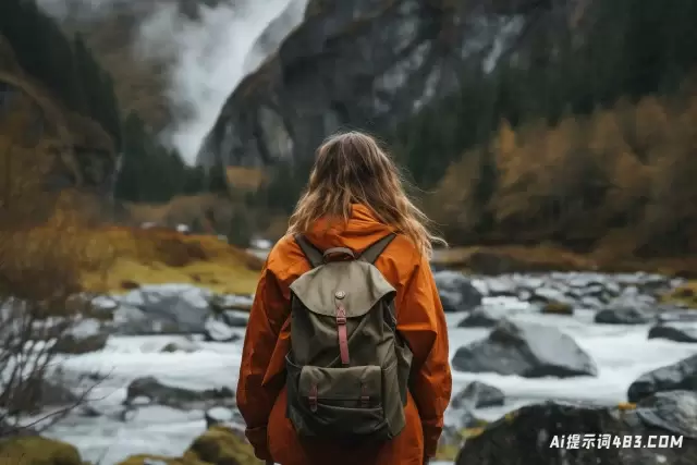 带背包的女士在山上