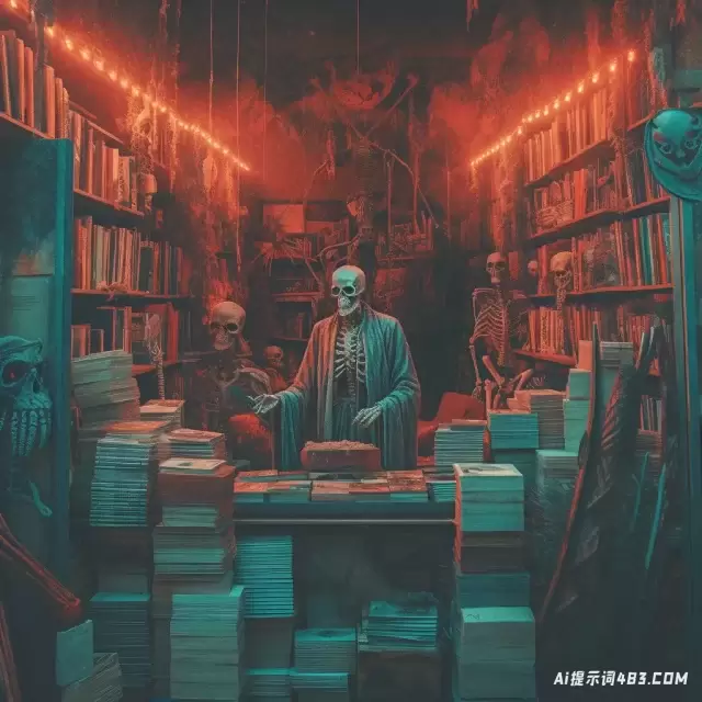 深青色和红色风格的书店