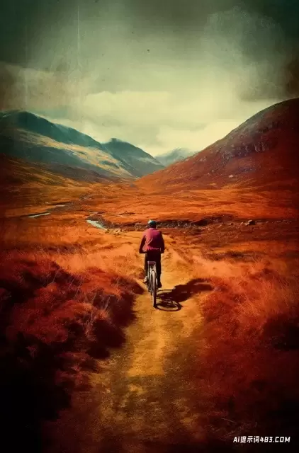 年轻人在苏格兰风景中骑自行车