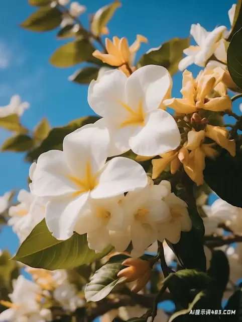 神秘的热带风格的绿叶白花