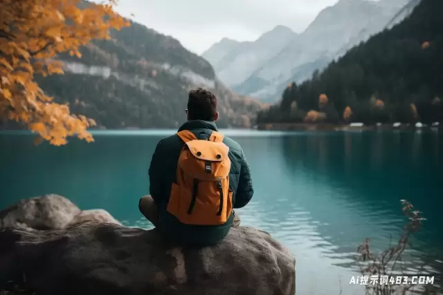 一个背着橙色背包的男人看着湖