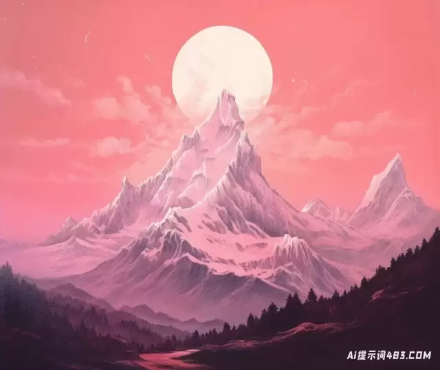 高度详细的插图与粉红色的太阳山