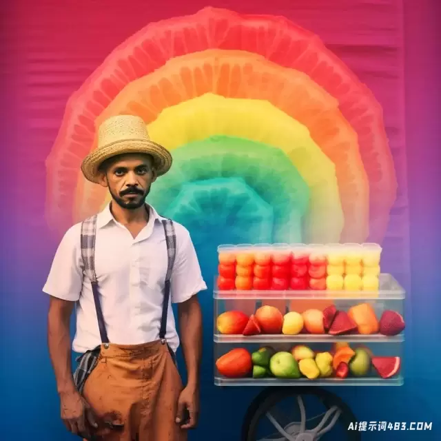 彩虹背景下的街头小贩