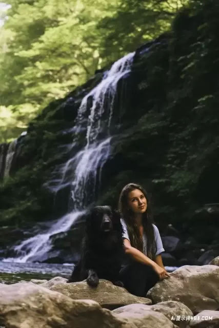女孩和黑狗在法国乡村享受瀑布