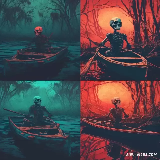 独木舟在深青色和红色的风格