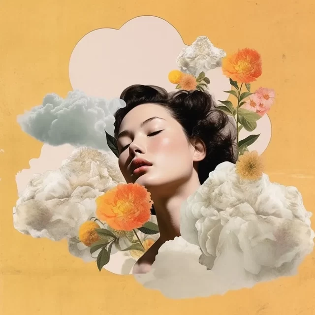 一个女人的宁静拼贴艺术作品在云与花