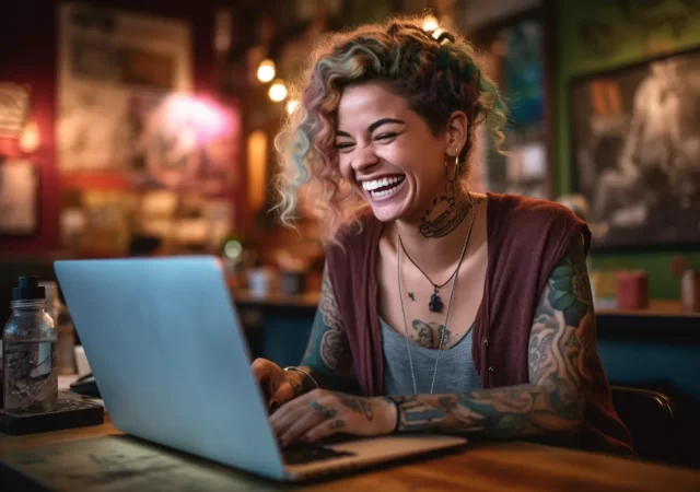 女人在咖啡店笑和使用笔记本电脑