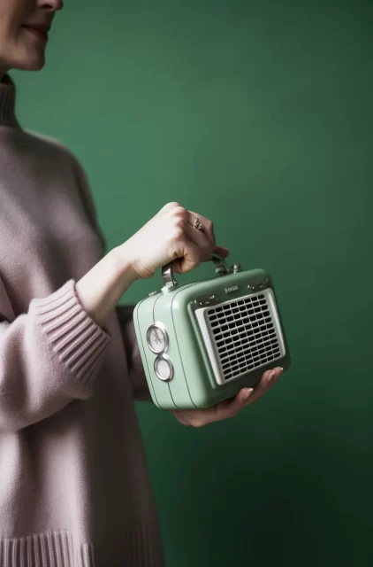 女人拿着一个小收音机在一个绿色的墙前