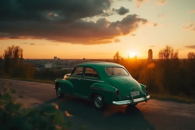 绿色复古汽车在日落与城市背景