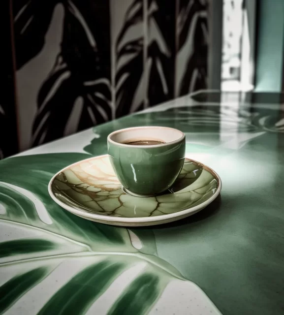 绿色托盘上的棕榈叶咖啡