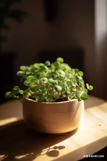 小圆叶植物在光木盆