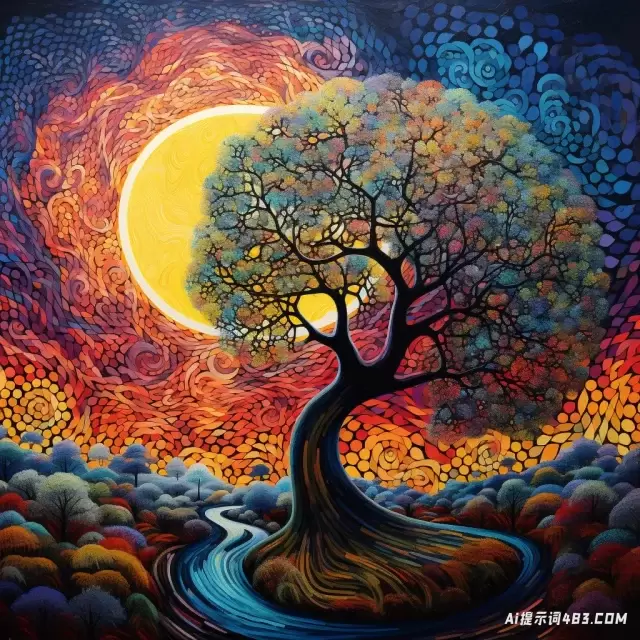树和月亮: 丰富多彩的生物形态和点画自然场景