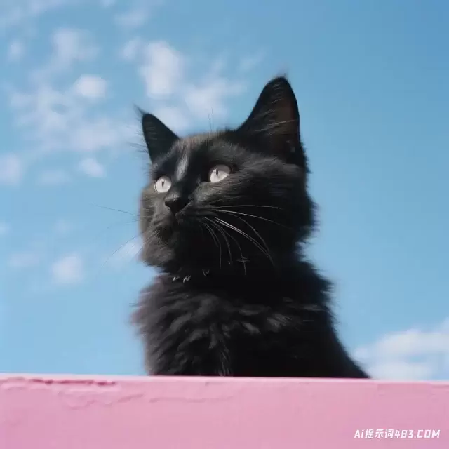 猫在城市粉红色，黑色和天蓝色