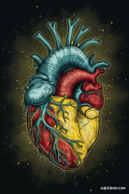 蓝色，黄色和红色的复古解剖心脏绘图与黑色墨水笔触