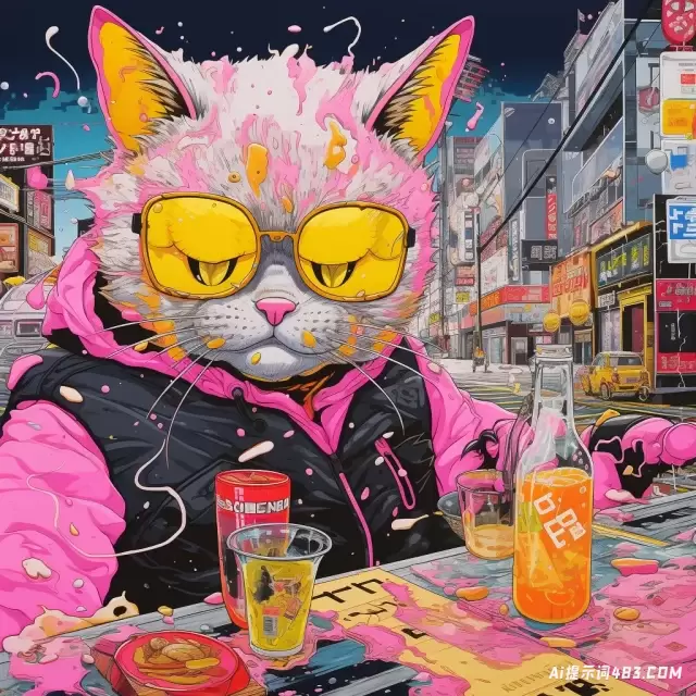 Yoh Nagao风格的猫的插图