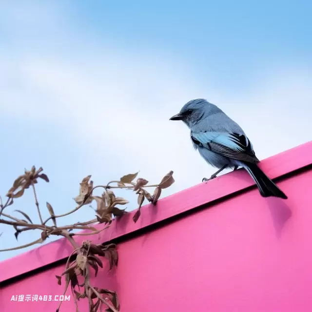 城市粉红色，黑色和蔚蓝的鸟