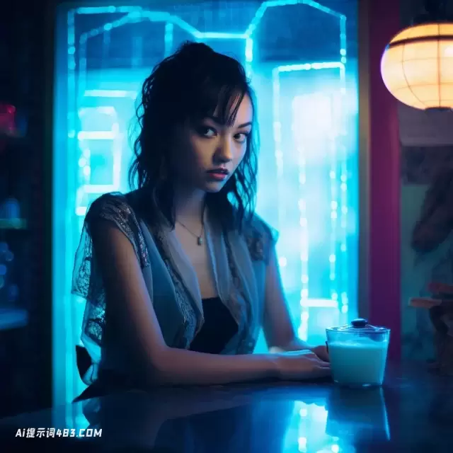 Neonpunk风格的女人: 带有浅靛蓝和东方主义的桌面摄影