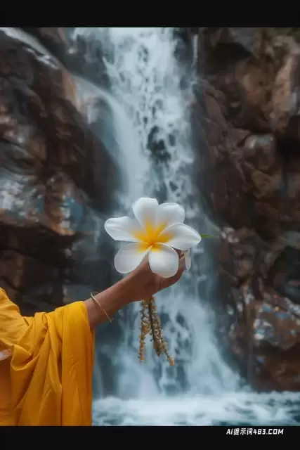 禅宗佛教启发了瀑布附近拿着白花的女人的高品质照片