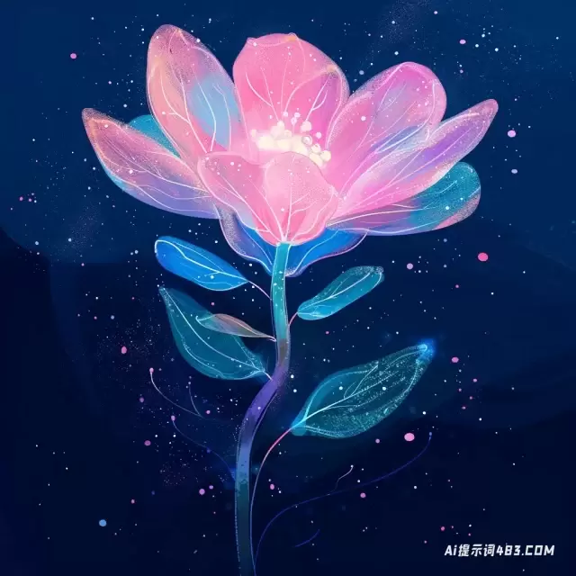 夜间花卉绘画在浅空-蓝色和粉红色