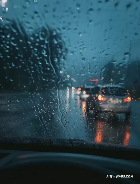 黑暗和喜怒无常的汽车内饰，挡风玻璃上有雨滴