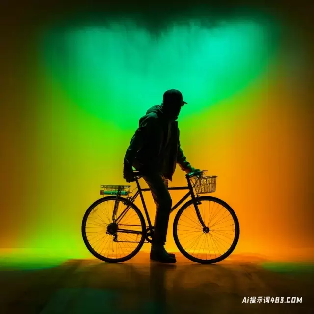 自行车前面有亮黄色、绿色和蓝色的灯光效果
