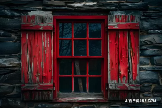 黑暗和预感的红色窗户在石头上与木制百叶窗