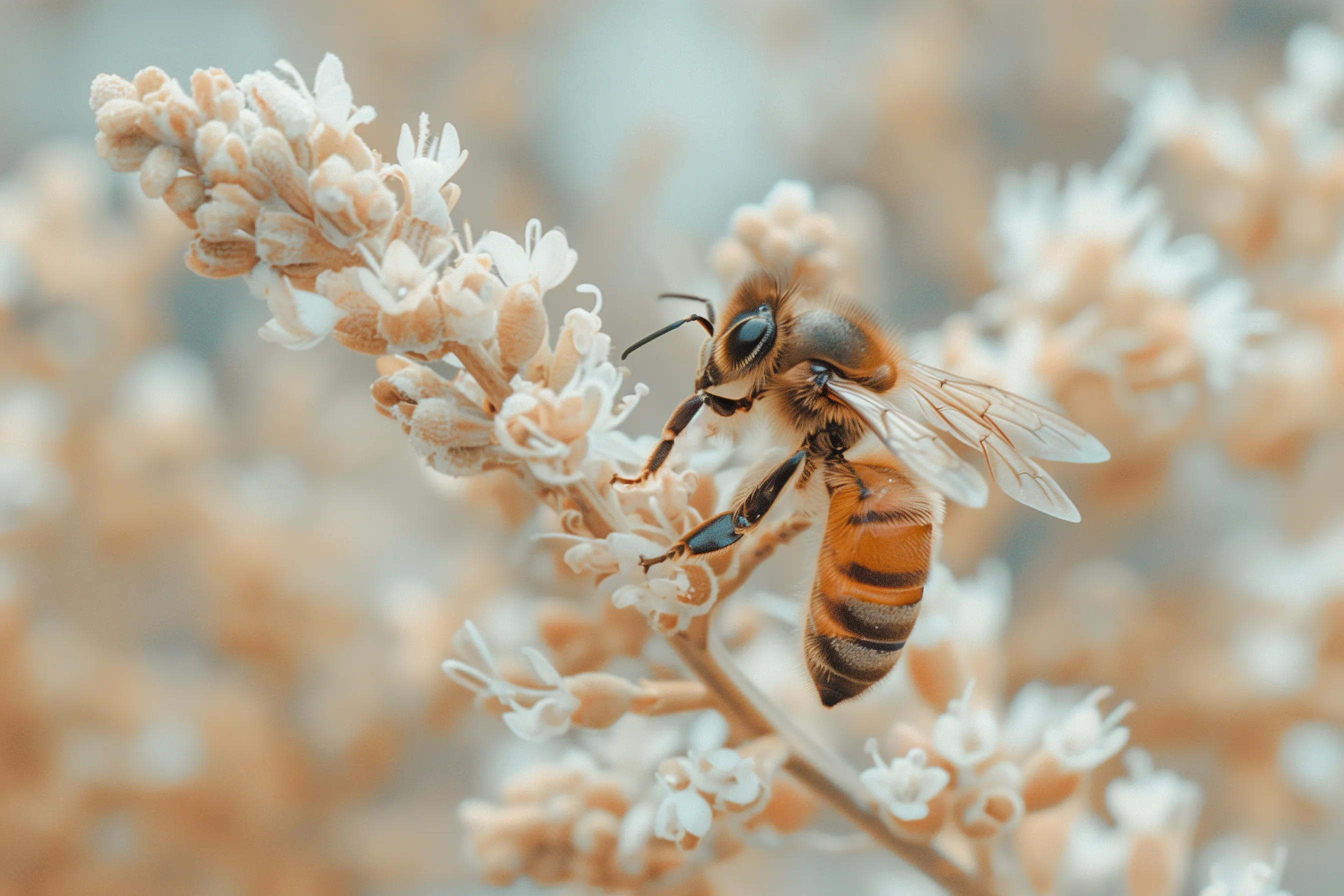 蜜蜂在花上授粉-Topcor 58毫米f/1.4风格prompt模版-Ai提示词