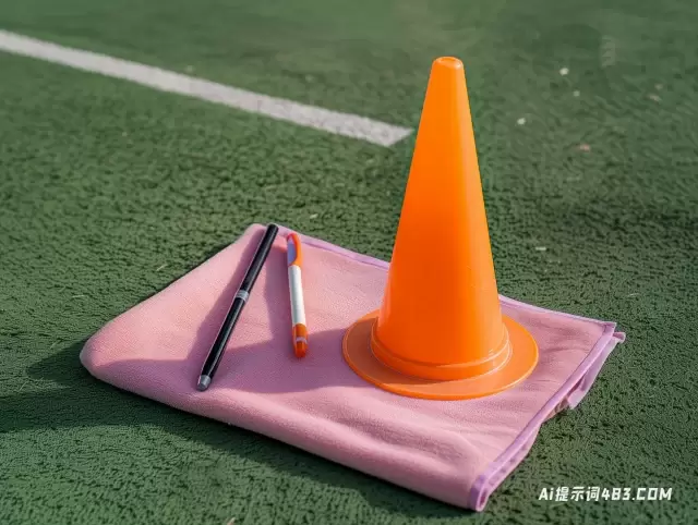 使用橙色锥体，笔和毛巾的足球比赛设置的噪声摄影