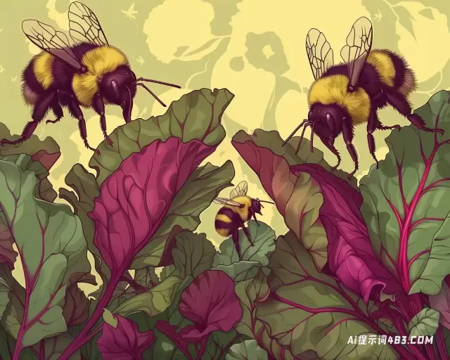 构造主义风格的甜菜与蜜蜂和叶子的插图