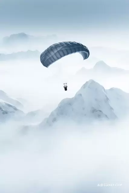 在白雪覆盖的阿尔卑斯山上空飞行降落伞