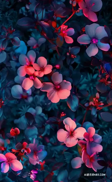 霓虹灯印象派: 许多鲜花的充满活力的照片