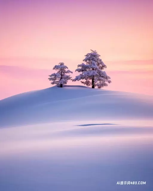 雪覆盖的山与松树在日落