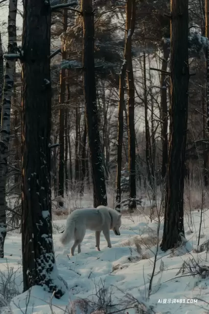 两只白狗在雪林中的纪实旅行摄影