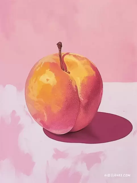 在浅粉色背景上的桃子的绘画风格