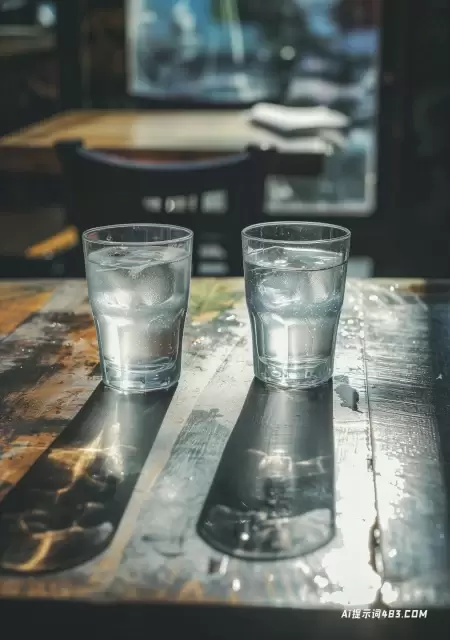 玻璃杯水与水隔离在木桌上
