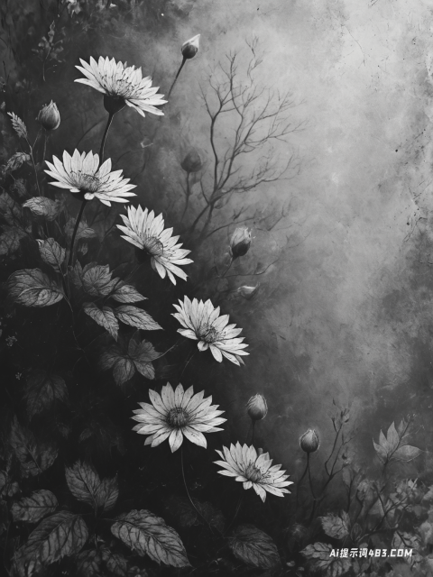 花的语言黑白菊花单色树枝树叶风景