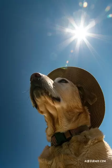 带帽子的狗在阳光下