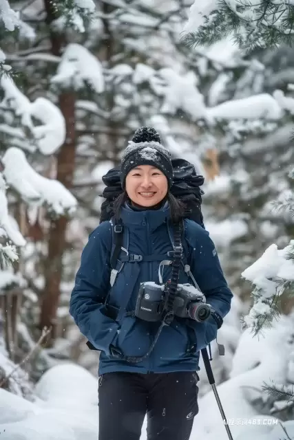 罗布泊自然区冬季景观中的亚洲女人