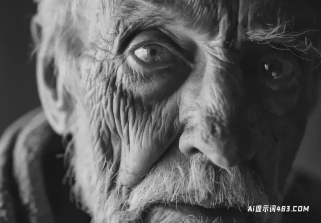 一个老人的黑白特写肖像与4k超现实主义