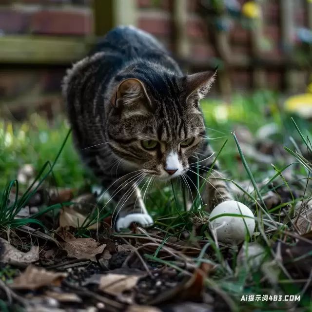 一只猫在花园里玩球的迷人形象
