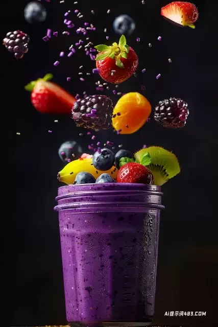 紫色冰沙罐与飞行浆果和香蕉食品摄影