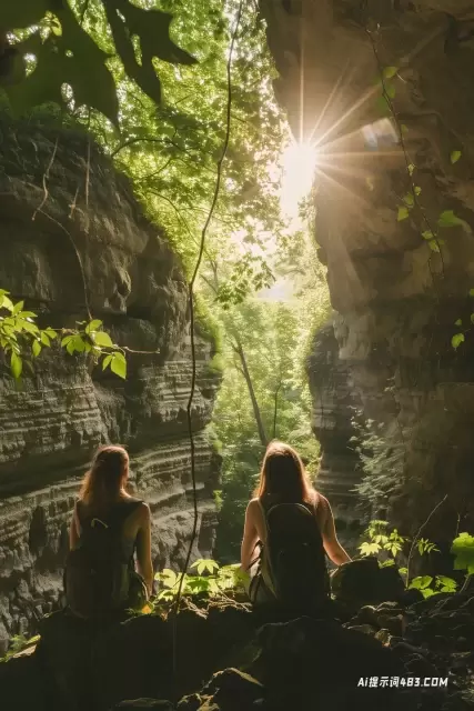 两个女人的迷人照片被悬崖墙与阳光透过树叶