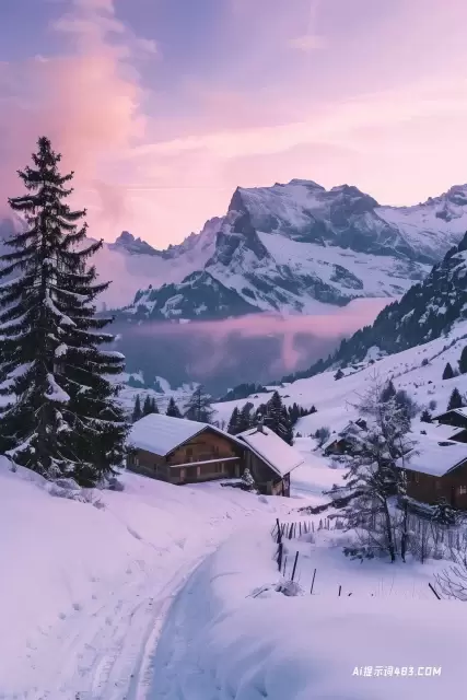 雪山与瑞士小屋在日落