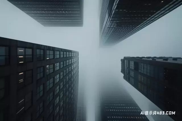 广角拍摄的对称雾蒙蒙的摩天大楼