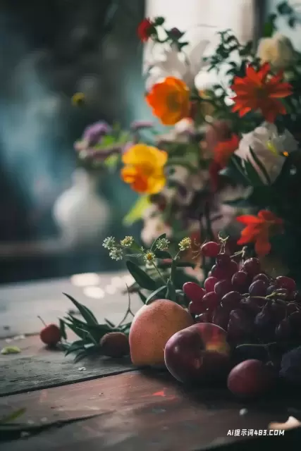 水果和鲜花在木桌上的特写照片