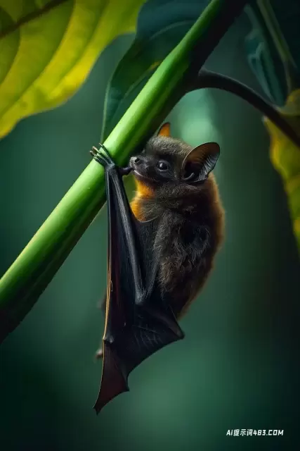 午夜风格的蝙蝠挂在植物茎上