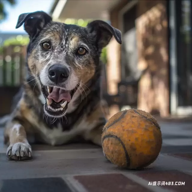 逼真的摄影: 狗在露台上玩球