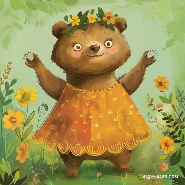 儿童故事书插图: 穿着连衣裙的快乐熊