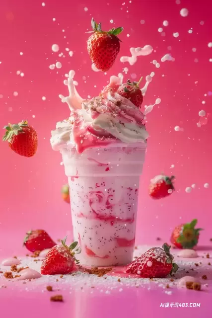 飞舞草莓奶昔的专业食品摄影